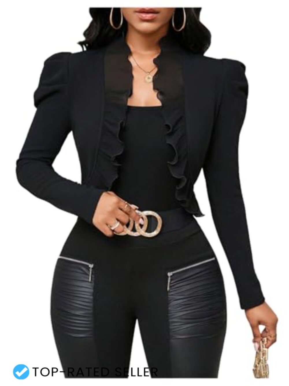 Cropped Blazer Jacket Puff Long Sleeve Ruffle Hem Open Front Business Casual